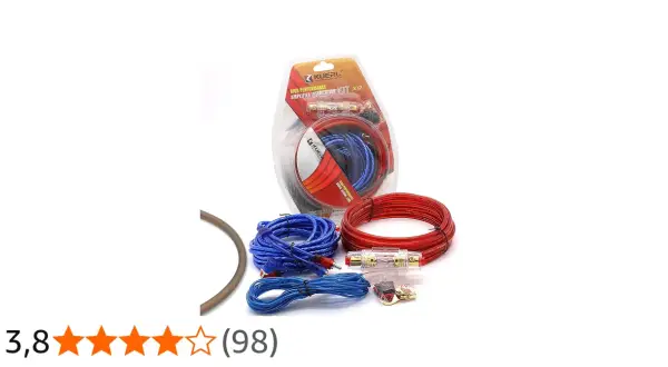 Kit per il collegamento amplificatore auto con cavi rossi e blu, portafusibile e connettori.