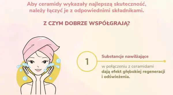 Kobieta z ręcznikiem na głowie myje twarz. Ceramidy najlepiej działają z substancjami nawilżającymi dla regeneracji.