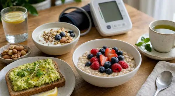 Colazione sana per la pressione bassa: porridge con frutti di bosco, yogurt con frutta secca, toast all'avocado e tè verde.