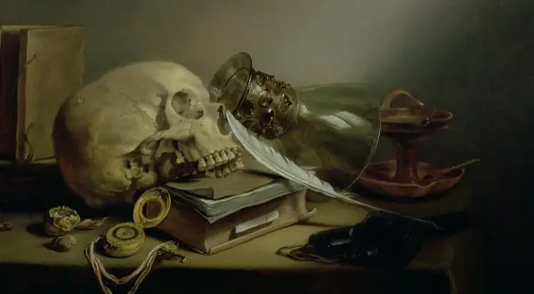 Martwa natura vanitas: czaszka, księga, pióro, zegarek, kielich i lampka oliwna przypominają o przemijaniu.