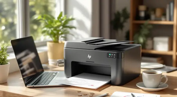 Drukarka HP, laptop, filiżanka kawy i monety na drewnianym biurku.
