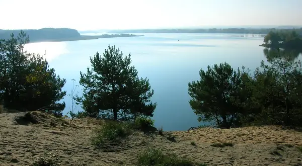 Spokojne jezioro Maziarnia otoczone drzewami, widok z piaszczystego brzegu.