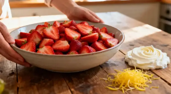 Un bol de fraises coupées en deux, prêt pour un dessert. De la crème fouettée et des zestes de citron sont à côté.