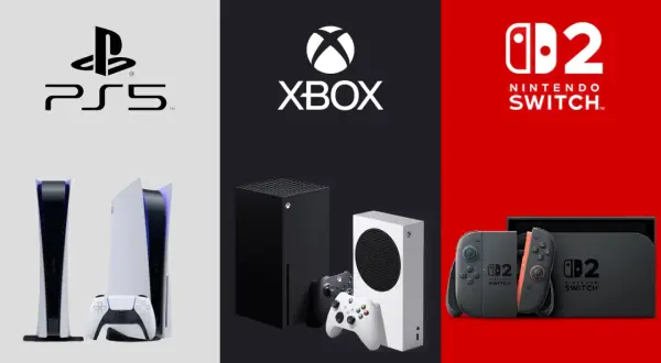 Konsola PlayStation 5, Xbox Series X/S i Nintendo Switch z kontrolerami.