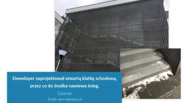 Otwarta klatka schodowa, przez którą nawiewa śnieg. Przykład patodeweloperki w Gdańsku.