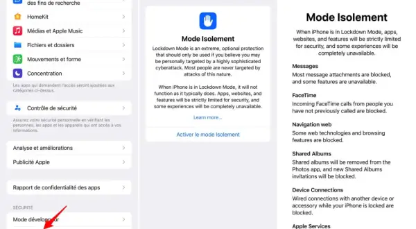 Captures d'écran d'un iPhone montrant les réglages de confidentialité et sécurité, avec une section dédiée au mode Isolement.