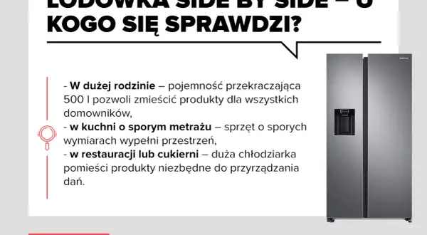 Lodówka side by side – duża, idealna dla rodzin i gastronomii. Ile waży lodówka side by side? To zależy od modelu, ale pojemność jest kluczowa.