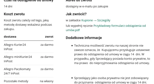 Informacje o tym, jak zwrócić towar kupiony przez internet: czas na zwrot, koszt dostawy i adres.