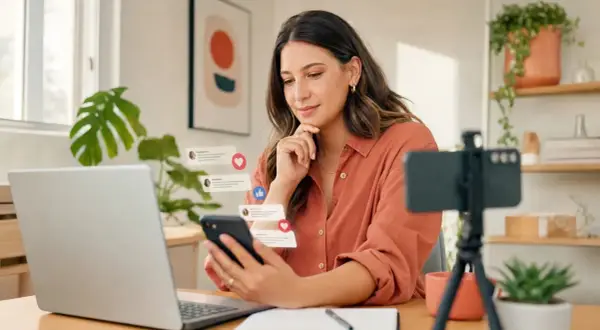 Eine Frau, die zeigt, was Influencer sind, interagiert mit ihrem Smartphone, während ein Laptop und eine Kamera bereitstehen.