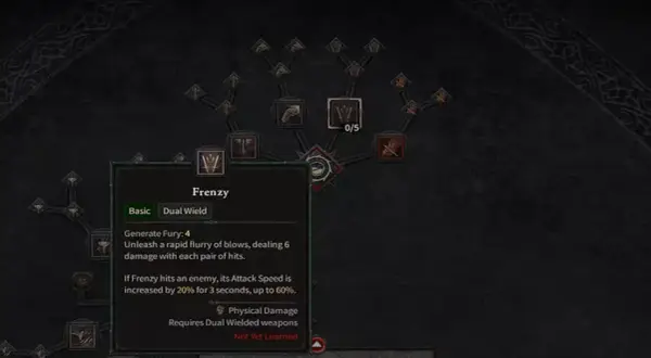 Drzewko umiejętności Diablo 4: Barbarzyńca z aktywną umiejętnością "Frenzy" (Szał) w trybie "Dual Wield" (dwuręczny). Idealny build dla graczy lubiących szybkie ataki.