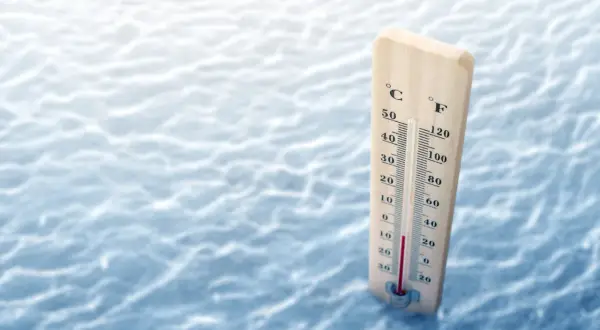 Drewniany termometr mierzy temperaturę wody na tle fal.