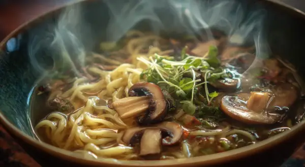Gorąca zupa ramen z grzybami i kiełkami, parująca i kusząca. To właśnie smak umami, który sprawia, że chce się więcej.