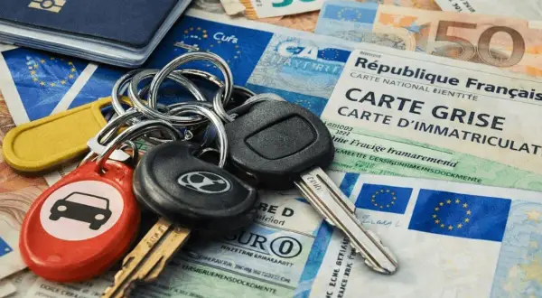 Kluczyki do auta, paszport i dokumenty, w tym karta pojazdu (carte grise) i pieniądze, sugerują podróż lub zakup samochodu. RLU rejestracja wkrótce!