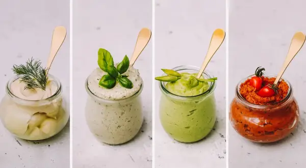 Vier Gläser mit selbstgemachtem Brotaufstrich: cremig-hell mit Dill, grün mit Basilikum, Avocado-grün und rot mit Tomaten.
