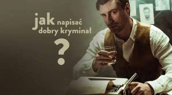 Mężczyzna z drinkiem przy maszynie do pisania, zastanawia się, jak napisać kryminał. Na ścianie wiszą zdjęcia.