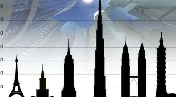 Porównanie wysokości budynków: Wieża Eiffla, Pałac Kultury, Empire State Building, Burj Dubaj (największy budynek na świecie), Petronas Towers, Taipei 101.