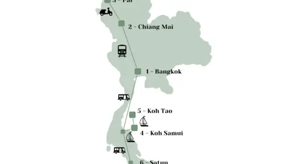 Reiseroute für 4 Wochen Thailand: Bangkok, Chiang Mai, Pai, Koh Samui, Koh Tao und Satun. Mit Zug, Bus, Roller und Boot.