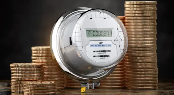 Licznik energii elektrycznej otoczony stosami monet. Symbolizuje to wysokie koszty prądu i potrzebę oszczędzania, lub dodatek energetyczny.