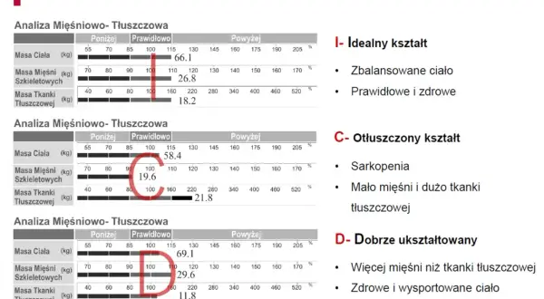 Tabela analizy mięśniowo-tłuszczowej pokazuje, jaki jest prawidłowy poziom tkanki mięśniowej dla Twojej masy ciała, pomagając ocenić sylwetkę.