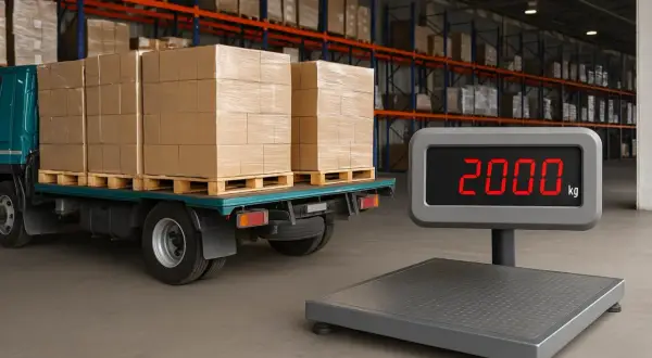 Ciężarówka z paletami towaru czeka na ważenie. Waga pokazuje 2000 kg, czyli około 4400 funtów.