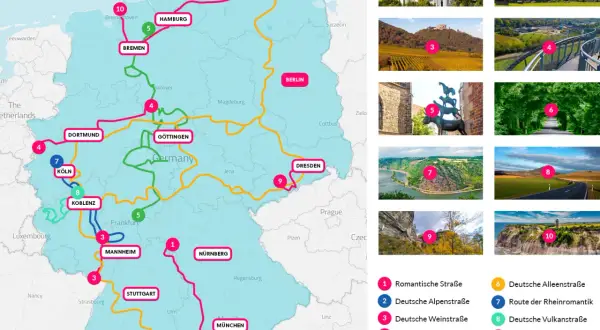 Entdecke die schönsten Orte Deutschlands: von Schlössern und Bergen bis zu Weinbergen und Märchenstraßen.