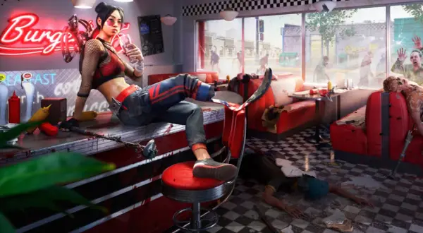Dziewczyna z koktajlem w ręku i bronią w dinerze, gdzie trwa apokalipsa zombie. Czas gry w Dead Island 2.