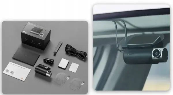 Zestaw 70mai hardwire kit jak podłączyć. Wideorejestrator 70mai A510 zamontowany na szybie, obok akcesoria do montażu.