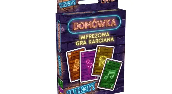 Gra karciana "Domówka" na 4 osoby. Neonowy design, karty z pizzą, flamingiem, piwem i nutami. Idealna na imprezy!