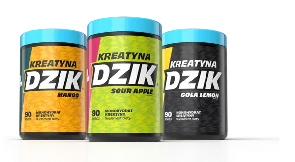 Trzy opakowania kreatyny "Dzik" o smakach mango, kwaśnego jabłka i cola lemon – idealne suplementy na siłownię.