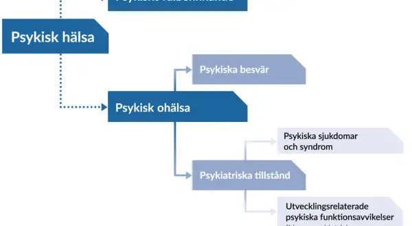 Diagram som visar sambandet mellan psykisk hälsa, psykiskt välbefinnande och psykisk ohälsa, inklusive psykiska besvär, sjukdomar och tillstånd.
