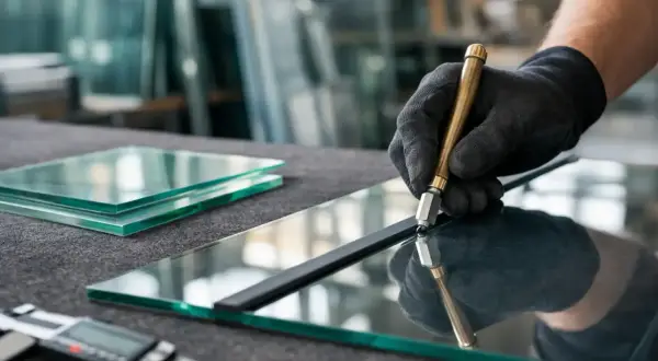 Precyzyjne cięcie szkła hartowanego za pomocą profesjonalnego narzędzia. Ręka w rękawiczce prowadzi nóż do szkła, tworząc idealną linię.