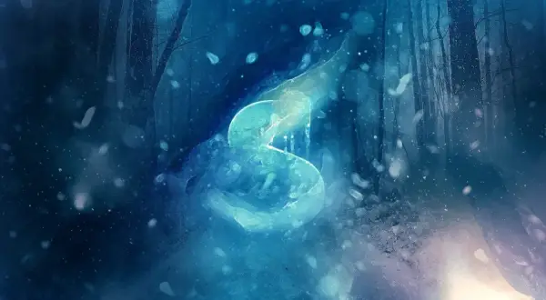 Ethereal blue light forms a glowing 'S' in a snowy forest, a magical scene perfect for photoshop ideas.