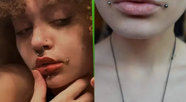 Dwa zbliżenia na twarze z kolczykami. Po lewej dziewczyna z kolczykiem w nosie i ustach, po prawej zbliżenie na usta z dahlia piercing.