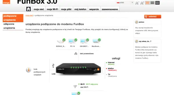 Interfejs FunBox 3.0 pokazuje podłączone urządzenia: komputer, laptop, iPhone. Internet aktywny, telefon nieaktywny.