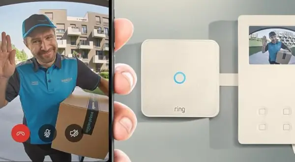 Un livreur Amazon salue via un interphone copropriété Ring. Le smartphone affiche la vidéo et les commandes.