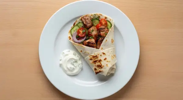 Kebab w tortilli z warzywami i sosem na białym talerzu.
