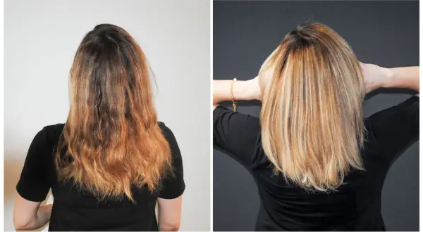 Vorher-Nachher-Vergleich: Blondes Haar wird durch Silbershampoo aufgehellt und erhält einen kühlen Ton.