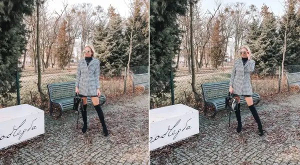 Elegancki płaszcz w pepitkę i wysokie kozaki tworzą stylową całość. Kobieta pozuje w parku, prezentując modne stylizacje.