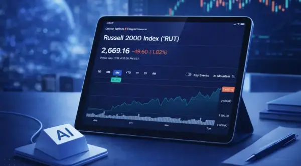 Wykres indeksu Russell 2000 na tablecie, obok klawisza z napisem "AI".