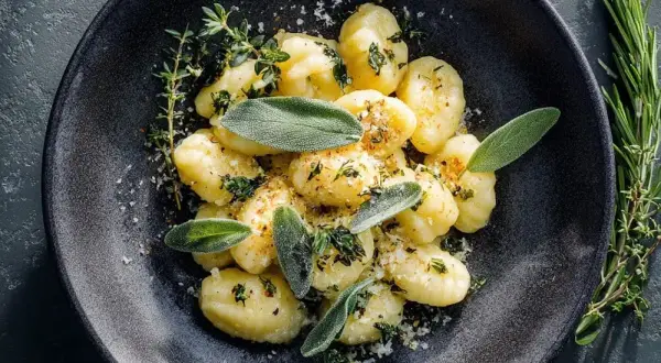 Salbei Gnocchi mit frischen Kräutern und Parmesan bestreut, serviert auf einem dunklen Teller.
