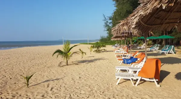 Solig strand på Koh Kho Khao med solstolar, parasoller och en volleybollplan.