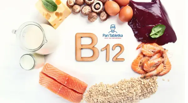 Naturalne źródła witaminy B12: wątróbka, ryby, krewetki, jajka, nabiał, ser, grzyby i płatki owsiane.