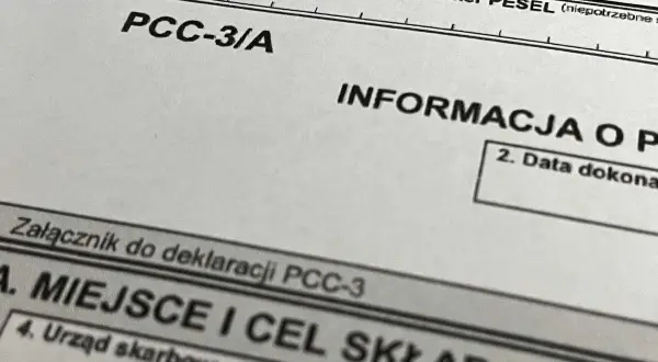 Fragment deklaracji PCC-3/A z informacją o podatku od czynności cywilnoprawnych.