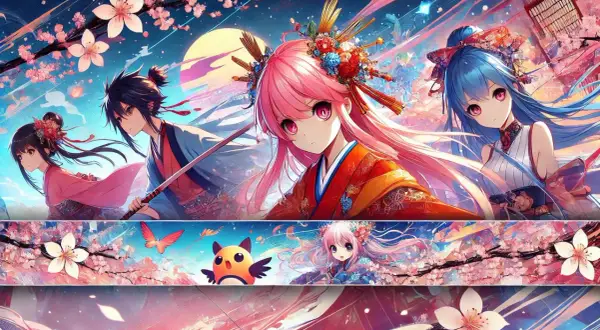 Anime-Charaktere mit Kirschblüten und Mond. Ein Junge mit Schwert, ein Mädchen mit rosa Haaren und ein Mädchen mit blauen Haaren.