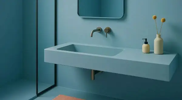 Lavabo flotante de **béton ciré** azul claro, con grifería empotrada y espejo curvo. Ducha con mampara negra.