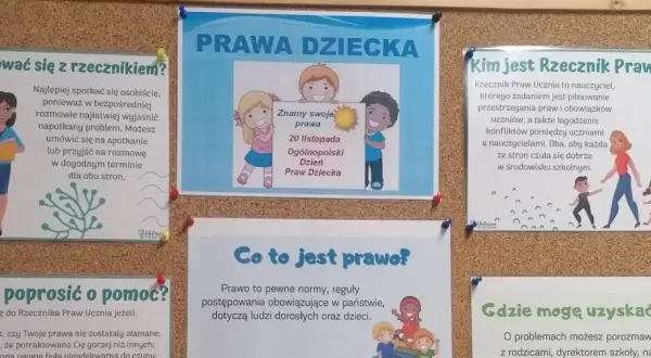Plakat informacyjny o prawach dziecka w szkole z rysunkami dzieci i nauczycieli.