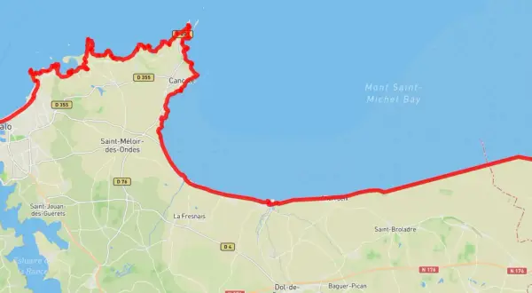 Carte d'un itinéraire cyclable longeant la côte de Saint-Malo à Cancale, puis vers le Mont Saint-Michel.