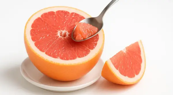 Un pompelmo tagliato a metà, pronto per essere gustato con un cucchiaino. Perfetto per mangiare pompelmo la sera, un fresco spuntino.