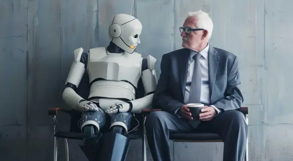 Un uomo anziano in giacca e cravatta e un robot siedono vicini, riflettendo sul futuro del lavoro. La "great resignation" è una traduzione che descrive questo cambiamento.