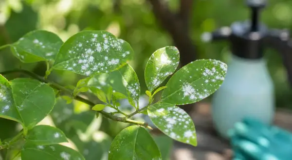 Feuilles vertes tachées de blanc, possiblement des carences en soufre symptômes. Un pulvérisateur et un gant sont flous en arrière-plan.